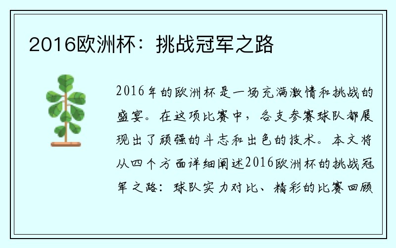 2016欧洲杯：挑战冠军之路