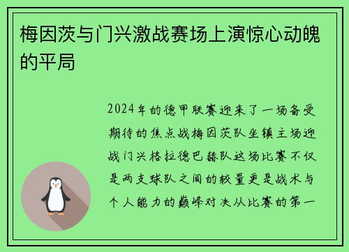 梅因茨与门兴激战赛场上演惊心动魄的平局